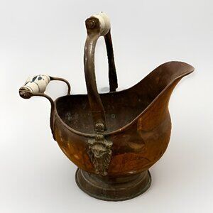 Copper & Brass Coal Scuttle Fireplace Ash Bucket Delft Handles Lions Head Patina